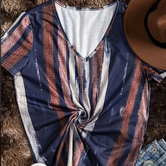 Short Sleeve V-Neck NWOT T-Shirt, Stripe Print - Picture 2 of 9